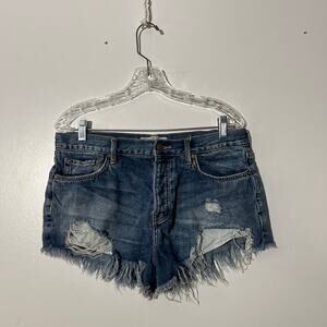 We The Free Blue Distressed Wash Denim Button Fly High Rise Boho Shorts Women 29